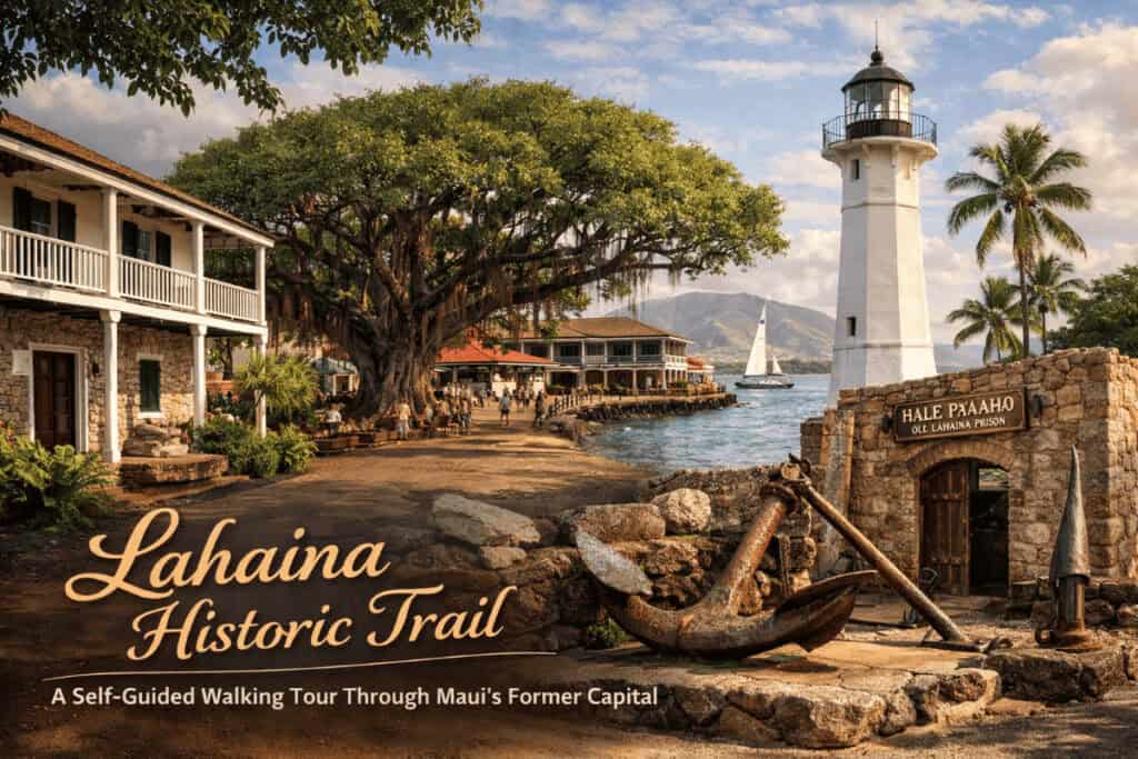 Lahaina Historic Trail in Maui showing Front Street with historic buildings, the iconic Banyan Tree, Old Lahaina Prison, and Old Lahaina Lighthouse by the harbor, with visitors strolling along the waterfront on a sunny day.