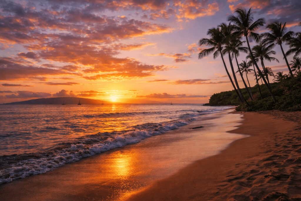 Stunning Maui beach at sunset with golden-orange sky reflecting on calm ocean waters, silhouetted palm trees along the shore, gentle waves lapping the sand, and distant sailboats on the horizon