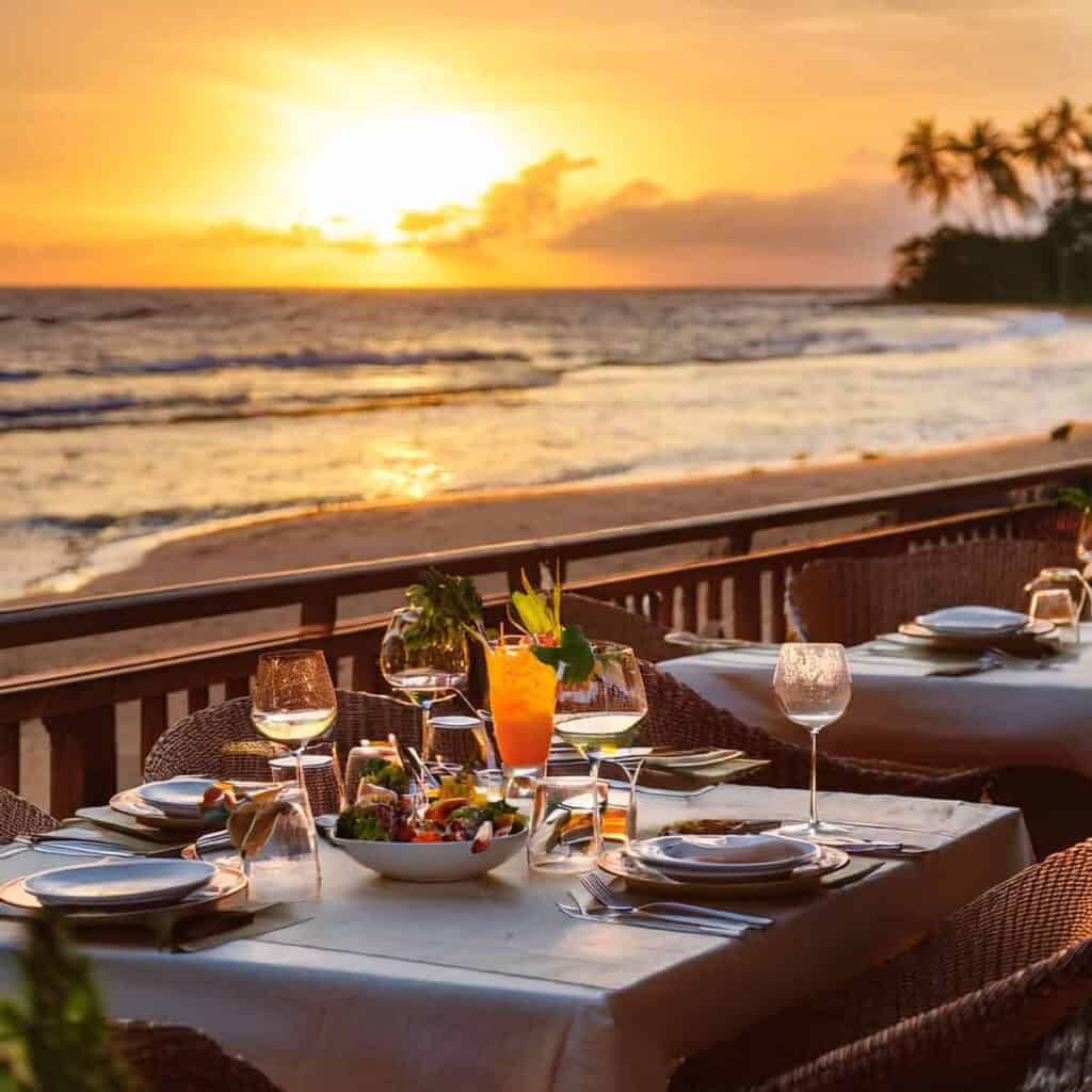 A beachside restaurant with a table and chairs set up on the sand, surrounded by ocean waves and a clear blue sky.