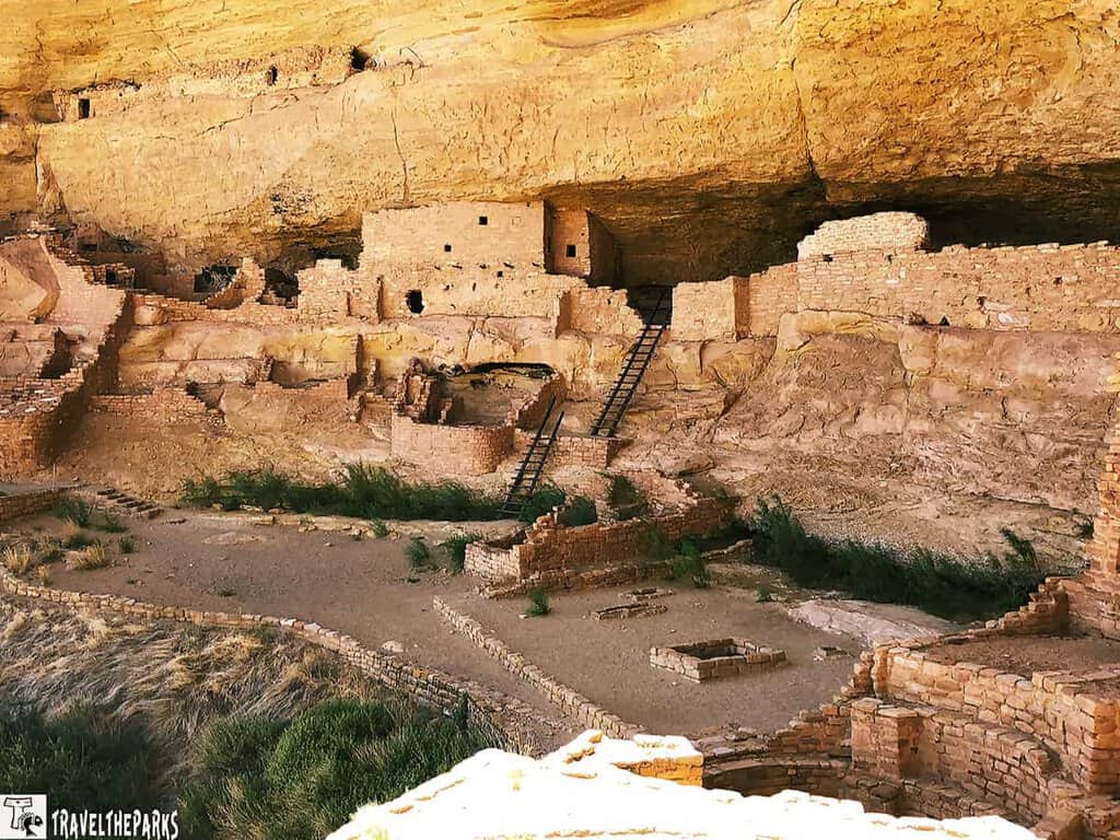 Ancient cliff dwelling structures at Long House in Mesa Verde with stone walls, ladders, and doorways.