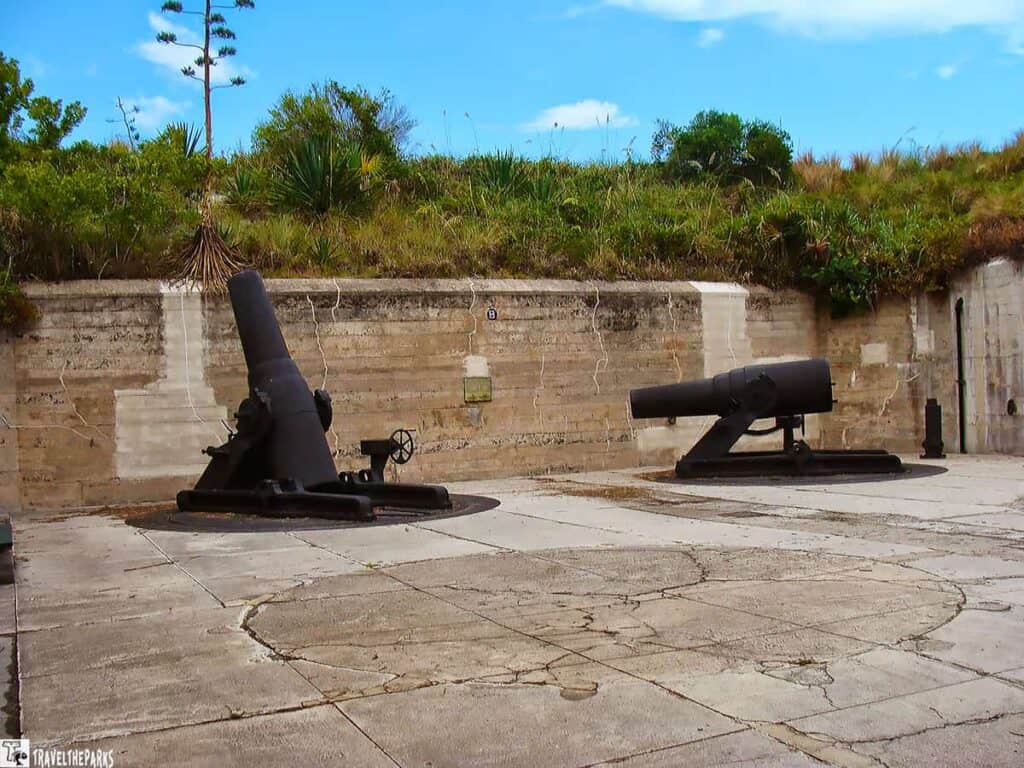 Two historical cannons on a concrete platform at Fort De Soto State Park.

