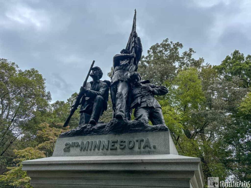 Statue of three soldiers on the 2nd Minnesota Volunteer Infantry Monument at Chickamauga Battlefield.

