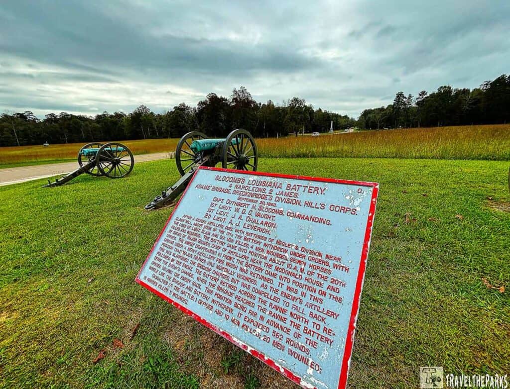 Two cannons on a grassy field with a historical plaque in the foreground.