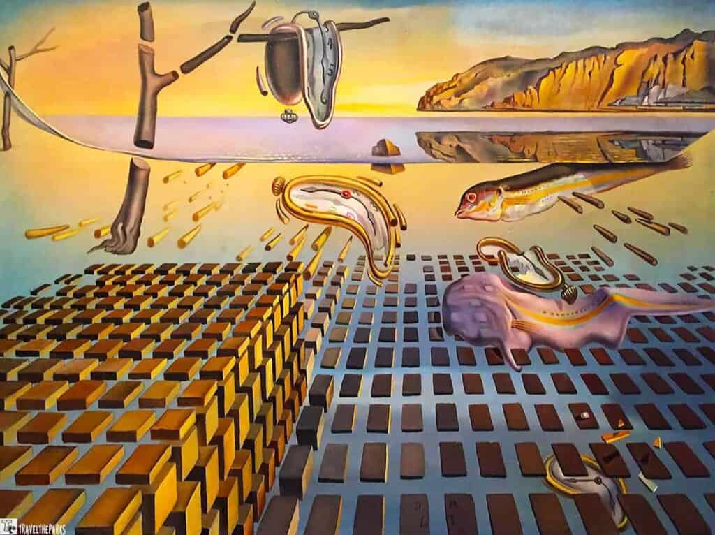 Surreal painting of melting clocks, a fish, and a grid pattern at sunset.

