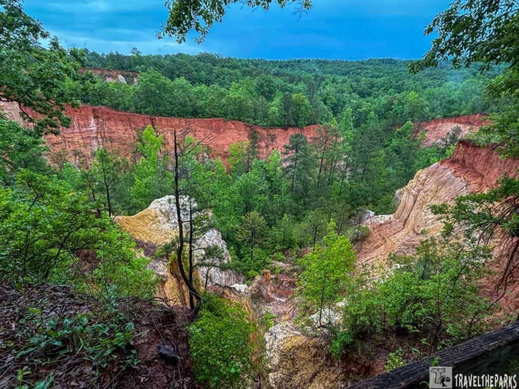 Providence Canyon with colorful eroded walls and lush greenery under a blue sky.