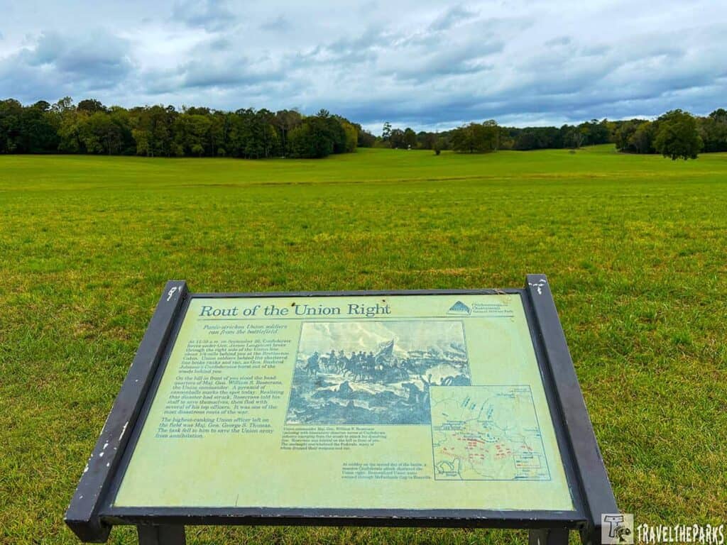 Historical marker titled "Rout of the Union Right" against a green field and tree line at Chickamauga Battlefield.

