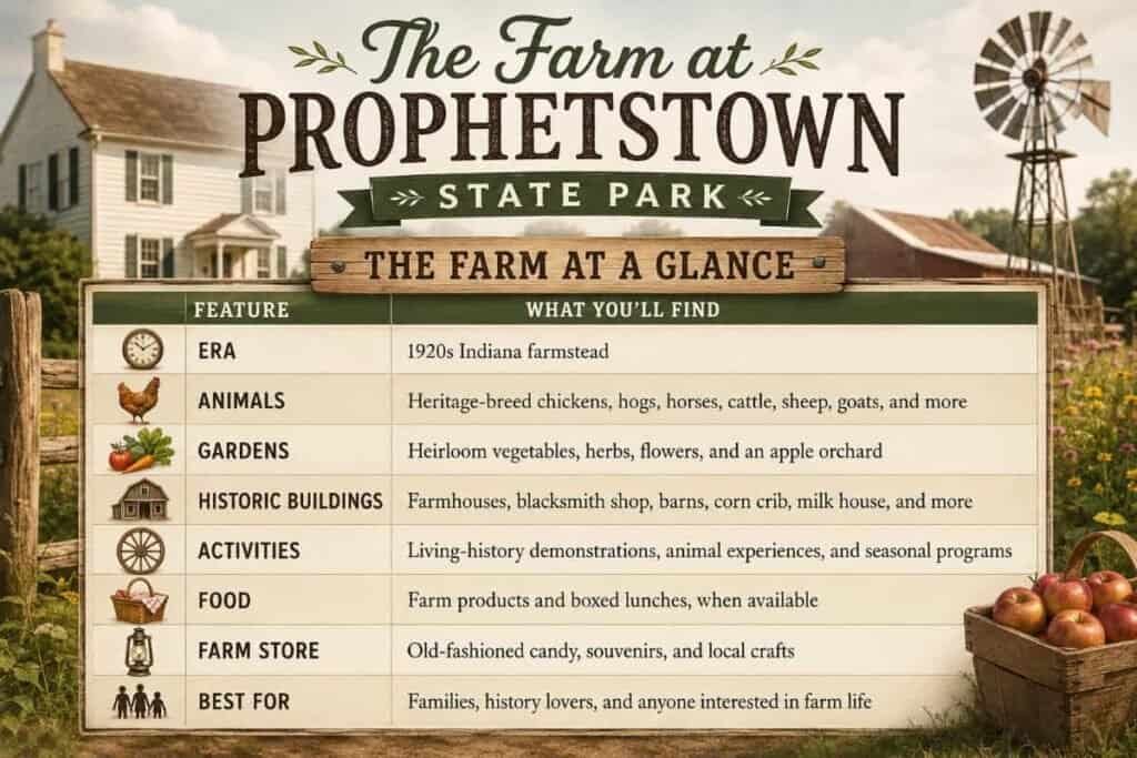 Sign for "The Farm at Prophetstown State Park" displaying features of the farm experience, set against a rustic Indiana farmstead.