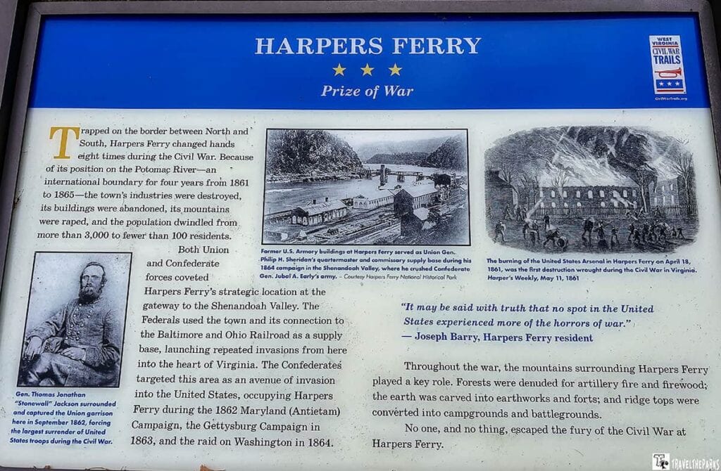 Informational signage about Harpers Ferry during the Civil War with historical images and text.


