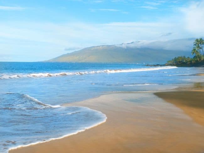 A calm beach scene with golden sand, gentle waves, and a blue ocean under a clear sky, framed by green hills and palm trees.