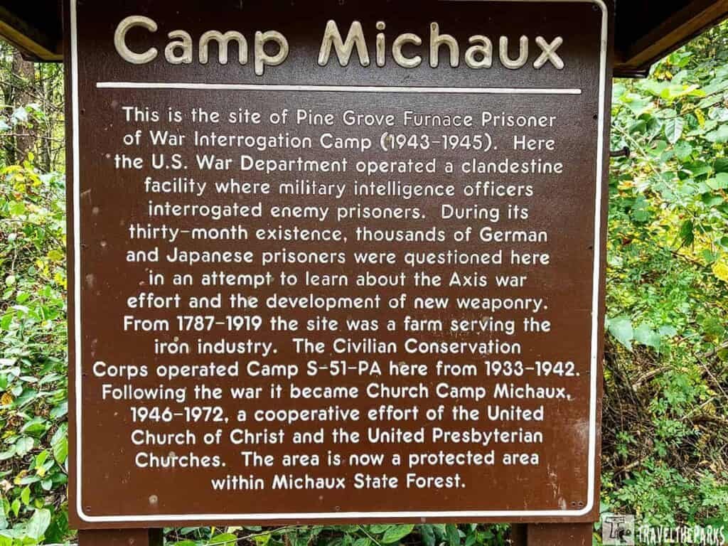 Information sign for Camp Michaux detailing its historical significance.