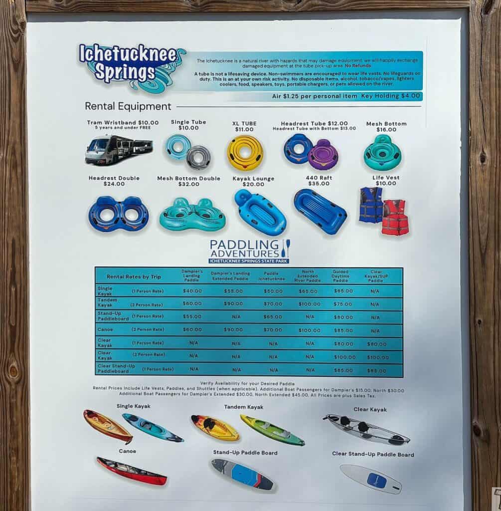 Rental equipment and pricing chart for Ichetucknee Springs State Park, featuring images and prices of tubes, kayaks, rafts, life vests, and more.