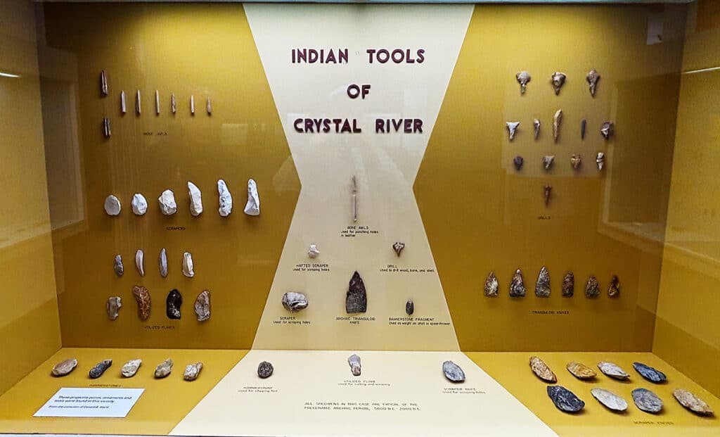 Display of Native American stone tools at Crystal River Archaeological State Park.


