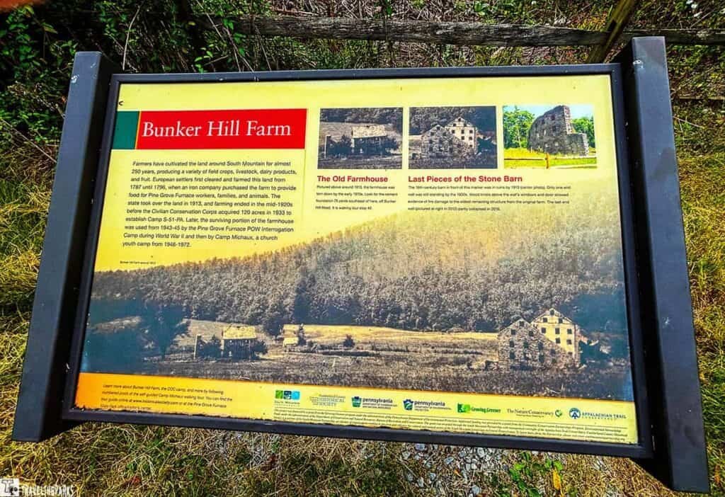 An informational sign about Bunker Hill Farm with historical details and images of old buildings.
