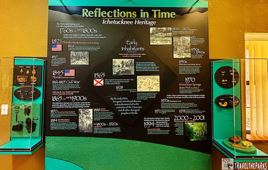 Exhibit titled "Reflections in Time: Ichetucknee Heritage" with a historical timeline and artifacts.