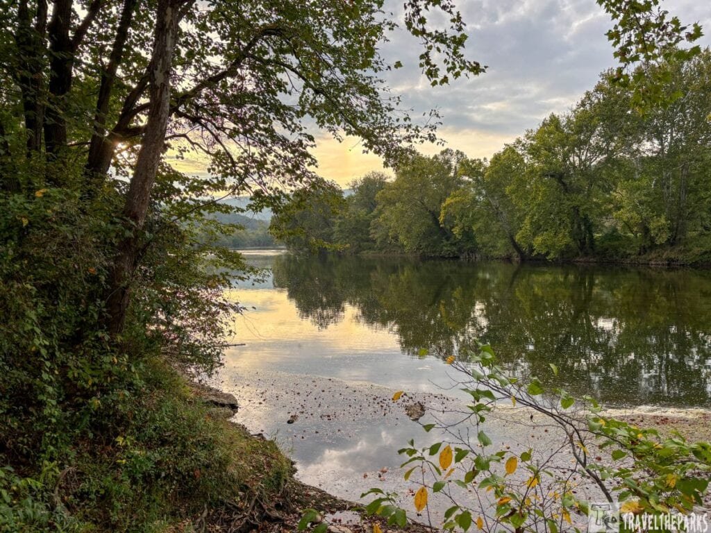 A tranquil river surrounded by lush green trees in Shenandoah River State Park.