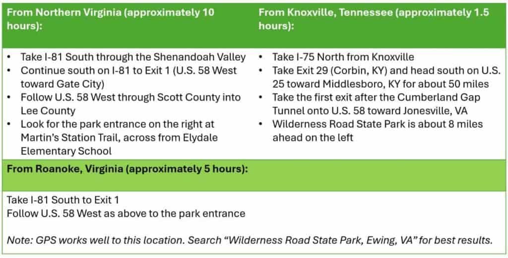 Directions to Wilderness Road State Park from Northern Virginia, Knoxville, and Roanoke.