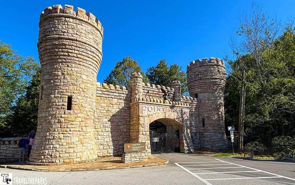 Entrance to Point Park at Lookout Mountain Battlefield with stone towers and archway.