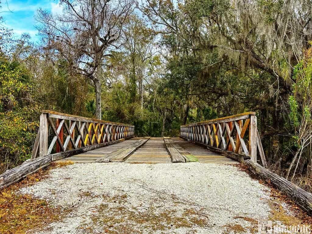 A wooden bridge with X-pattern railings in a forested area surrounded by trees and greenery.