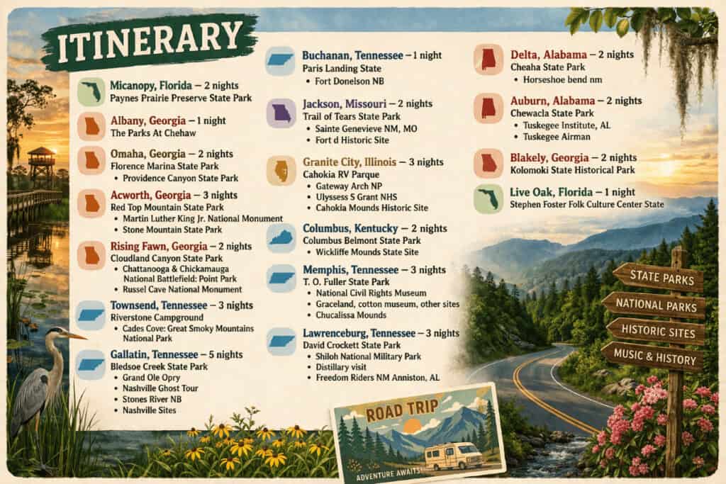 Itinerary map Nashville St. Louis Memphis road trip featuring travel destinations across U.S. states with scenic landscapes and a road trip theme.