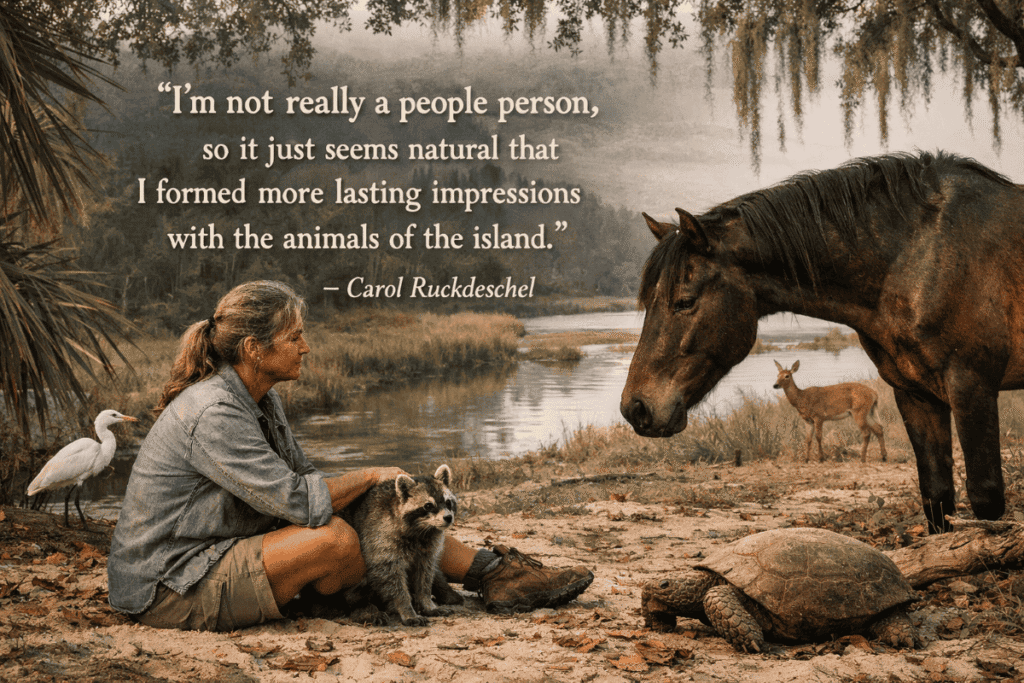 A woman sits among a raccoon, horse, egret, and tortoise by a lakeside with a deer in the background.

Transcribed Text:

“I’m not really a people person, so it just seems natural that I formed more lasting impressions with the animals of the island.” – Carol Ruckdeschel.