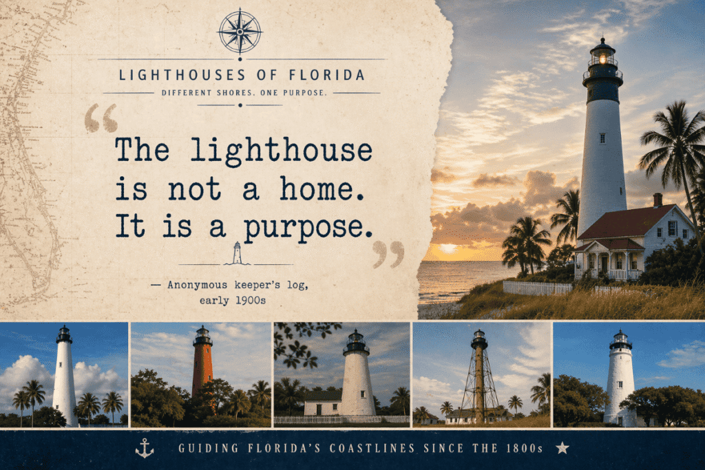 Collage of Florida lighthouses with a quote about their purpose, featuring images of several lighthouses and a sunset scene.

Transcribed Text:

Lighthouses of Florida Different shores. One purpose. "The lighthouse is not a home. It is a purpose." — Anonymous keeper’s log, early 1900s Guiding Florida’s coastlines since the 1800s
