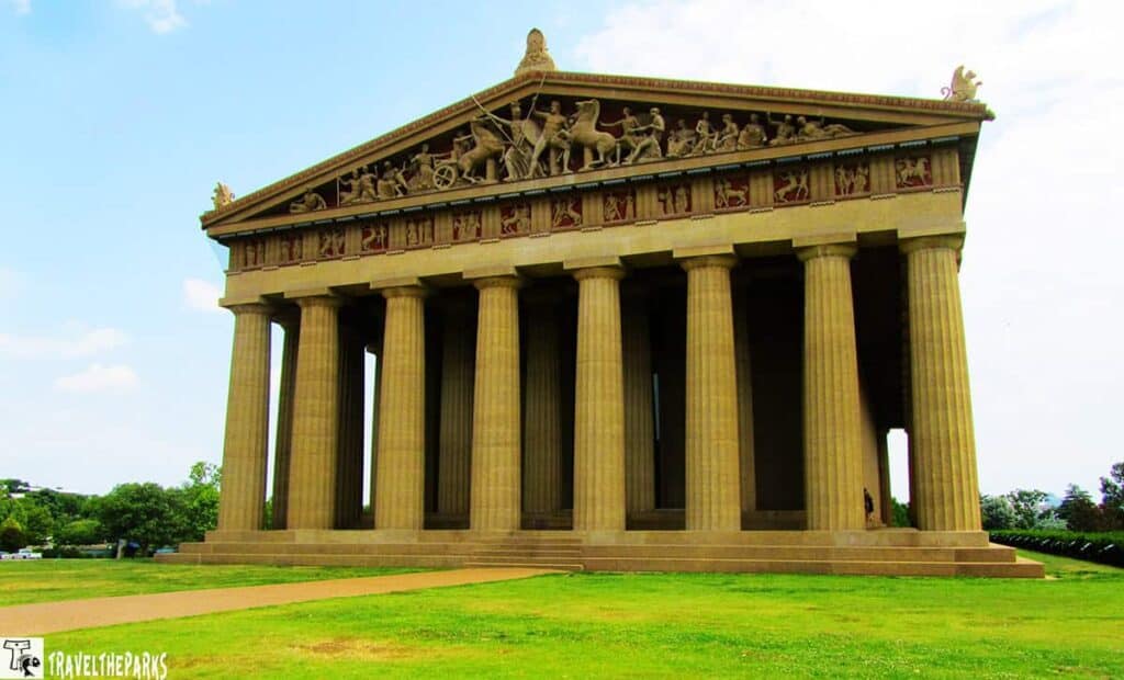 A full-scale replica of the Parthenon in Centennial Park, Nashville, Tennessee, with Doric columns and a detailed pediment.
