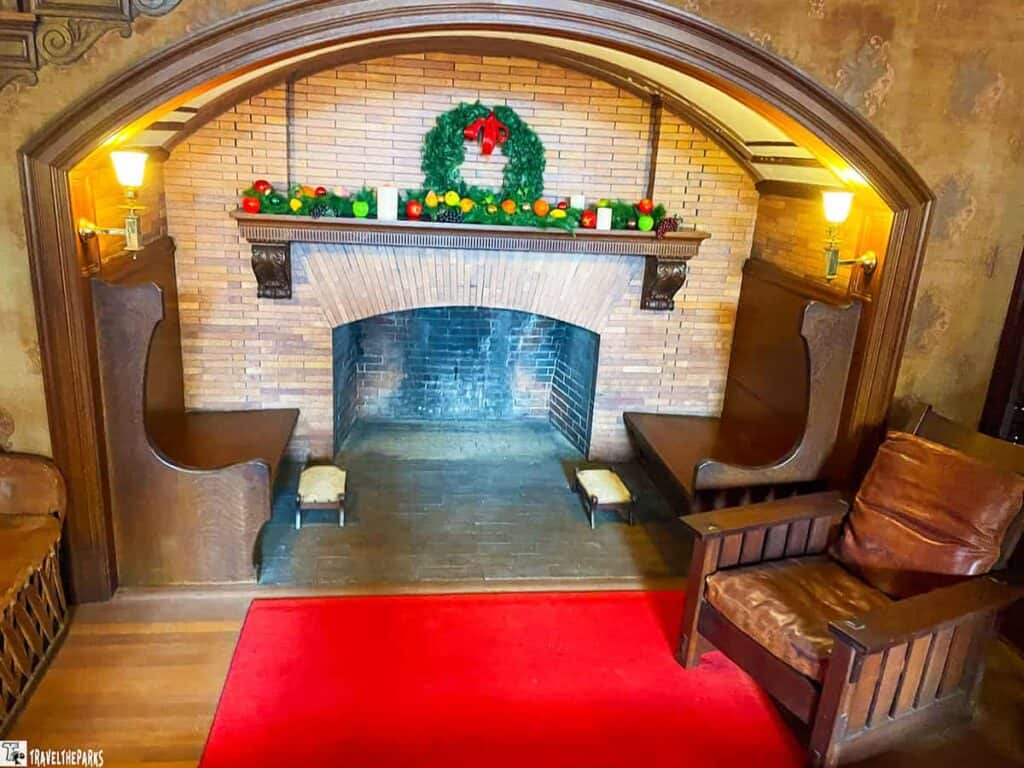 Main entrance foyer of Plum Orchard Mansion with inglenook fireplace