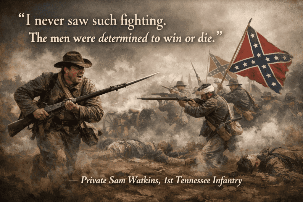 Soldiers fighting in a smoky battlefield with a Confederate flag in the background.

Transcribed Text:

“I never saw such fighting. The men were determined to win or die.”
— Private Sam Watkins, 1st Tennessee Infantry