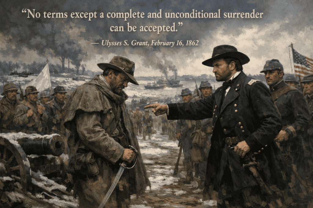 A Union officer demands surrender from a Confederate officer in a snowy battlefield scene.
Transcribed Text:
“No terms except a complete and unconditional surrender can be accepted.” — Ulysses S. Grant, February 16, 1862