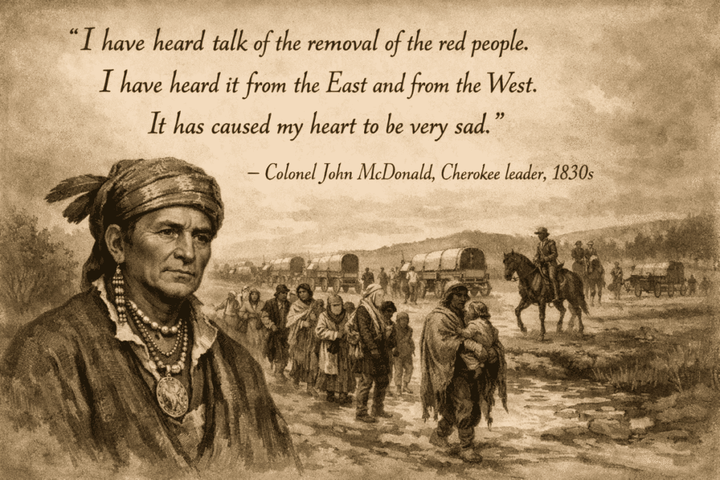 Sepia-toned illustration of a Native American man and a group migrating with covered wagons.
Transcribed Text:
"I have heard talk of the removal of the red people.
I have heard it from the East and from the West.
It has caused my heart to be very sad."
– Colonel John McDonald, Cherokee leader, 1830s