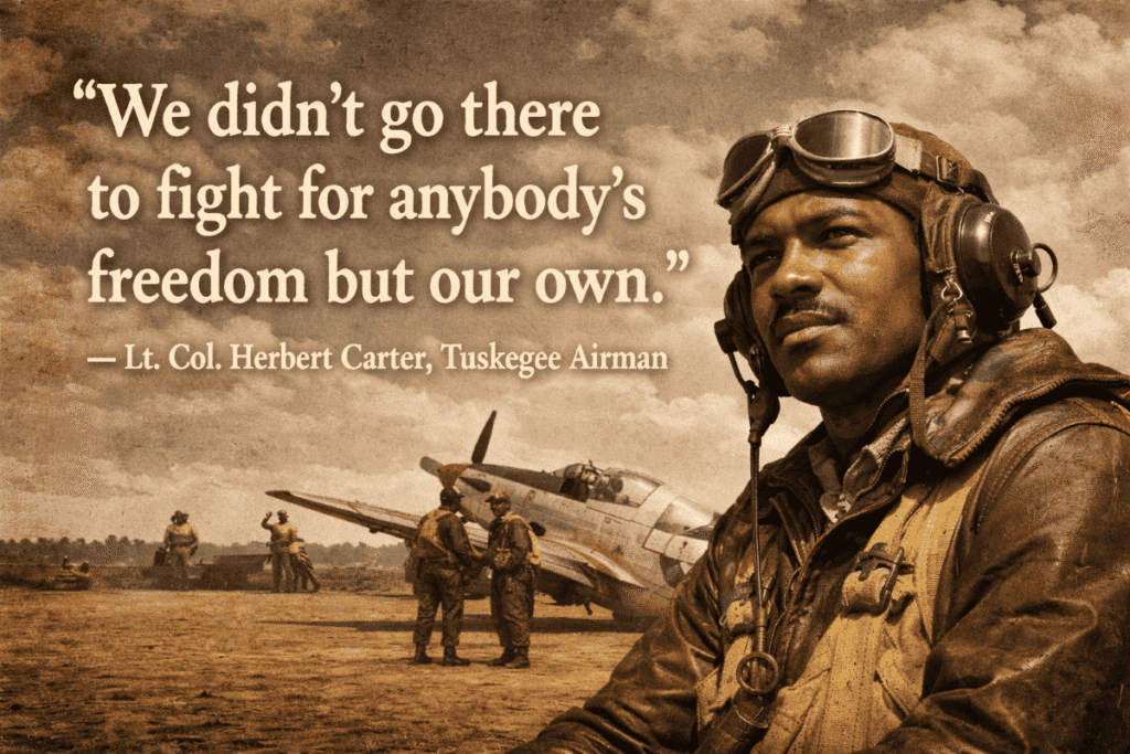 uskegee Airman in uniform with aviator equipment, a WWII plane, and pilots in the background, with a quote.

Transcribed Text:

“We didn’t go there to fight for anybody’s freedom but our own.” — Lt. Col. Herbert Carter, Tuskegee Airman