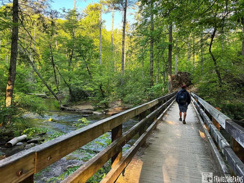 A hiker walks on a wooden bridge over a creek on Abrams Falls Trail, surrounded by a lush forest.