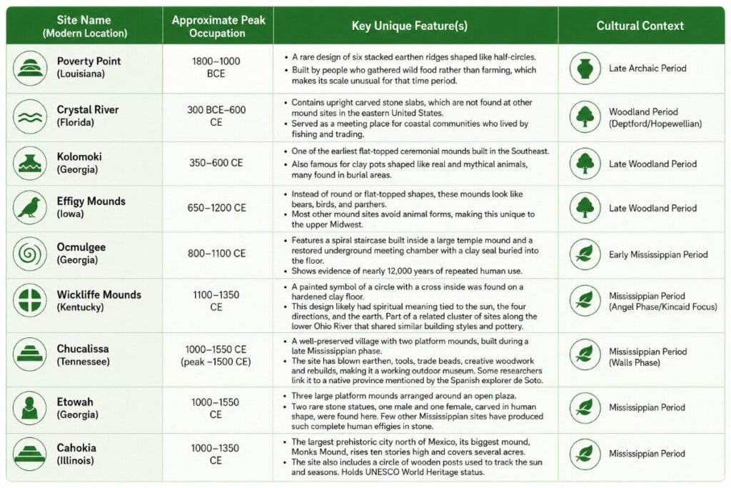Table detailing archaeological sites in the U.S., including names, timelines, unique features, and cultural contexts.