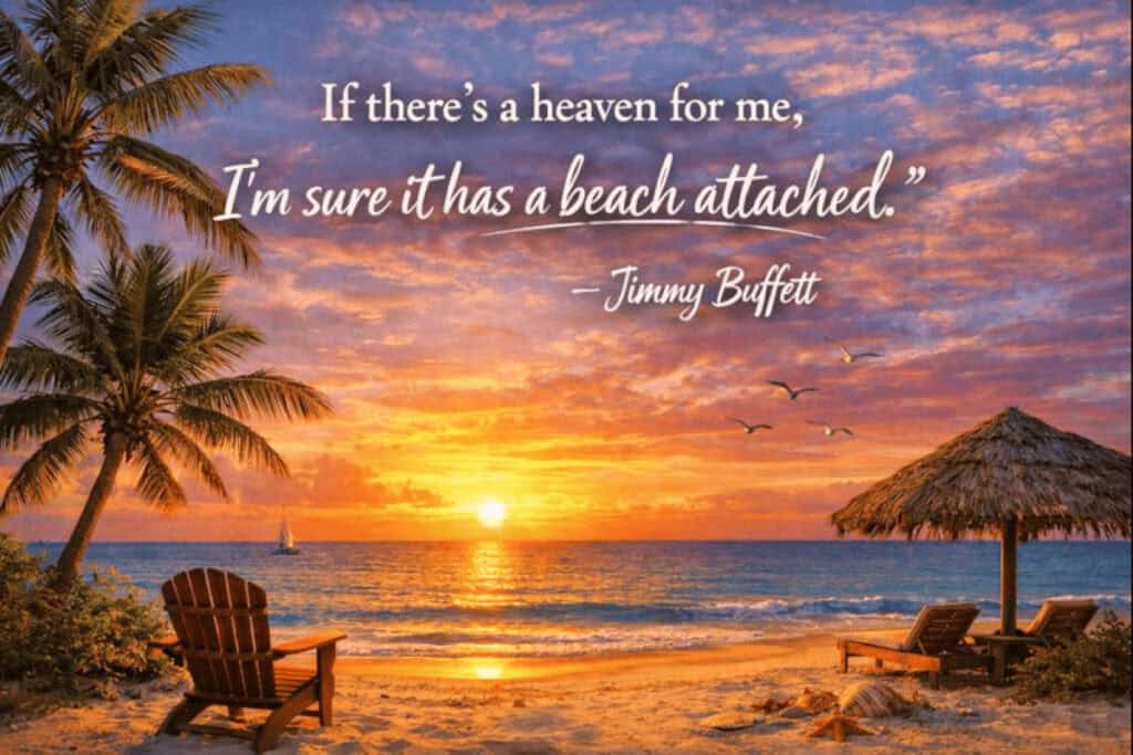 Sunset beach scene with lounge chairs, palm trees, and a thatched umbrella. "If there’s a heaven for me, I’m sure it has a beach attached.” —Jimmy Buffett
