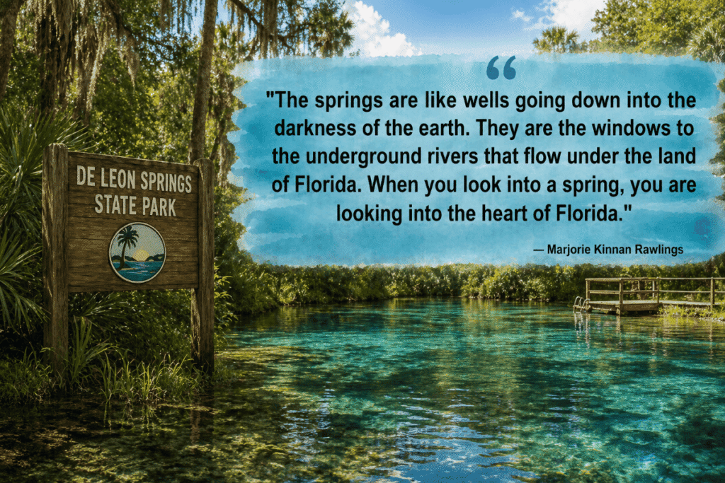 A scenic view of De Leon Springs with a wooden sign and a quote by Marjorie Kinnan Rawlings against a backdrop of trees and clear water.

Transcribed Text:

DE LEON SPRINGS STATE PARK

"The springs are like wells going down into the darkness of the earth. They are the windows to the underground rivers that flow under the land of Florida. When you look into a spring, you are looking into the heart of Florida."

— Marjorie Kinnan Rawlings