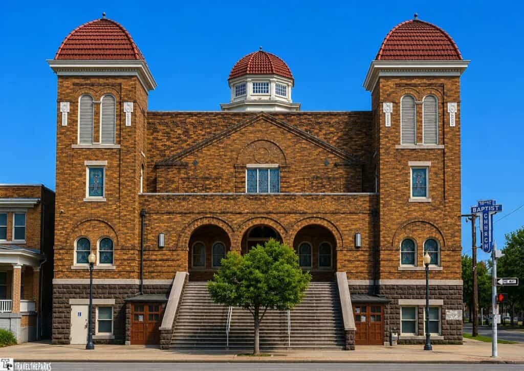 The exterior of the 16th Street Baptist Church with red-brown brick, domed roofs, arched doorways, and a visible staircase, under a clear blue sky.