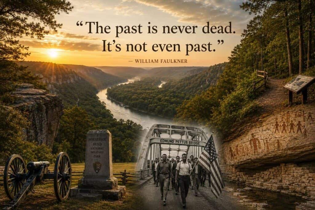 A scenic sunset landscape featuring a river, a historical cannon, the Edmund Pettus Bridge with a group marching, ancient rock art, and a quote by William Faulkner.
Transcribed Text:
"The past is never dead.
It’s not even past.”
— WILLIAM FAULKNER