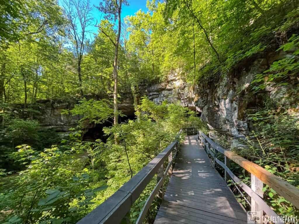 Wooden walkway surrounded by lush green trees, leading to a dark cave entrance at Russell Cave National Monument on a clear blue sky day.