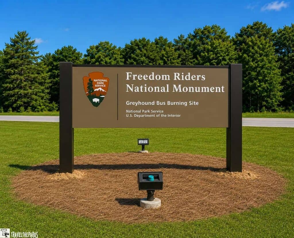Welcome sign for the Freedom Riders National Monument featuring the National Park Service emblem, located in a grassy area with trees and a clear blue sky.