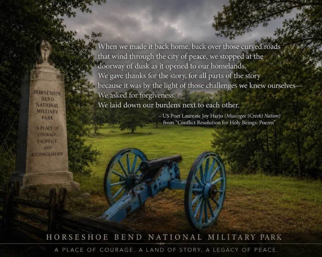 Historic cannon on display at Horseshoe Bend National Battlefield, with a stone monument and a quote by Joy Harjo set against a green landscape under a partly cloudy sky.