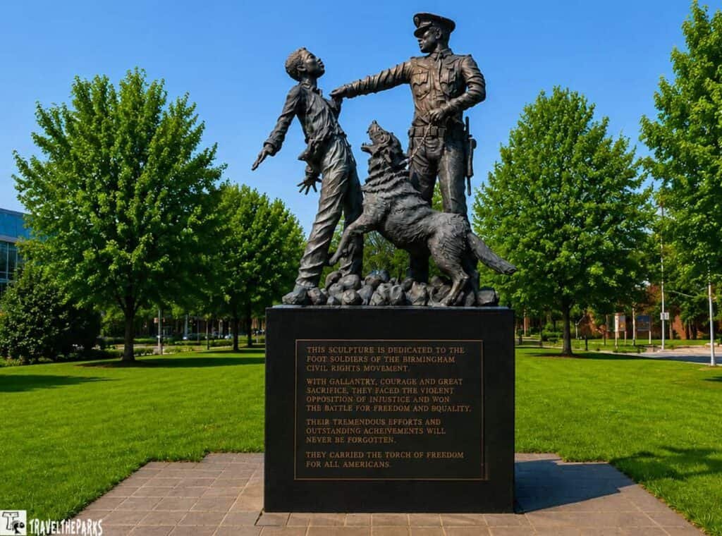 Bronze sculpture of a young boy facing a police officer with a dog, dedicated to the Birmingham Civil Rights Movement, surrounded by greenery.