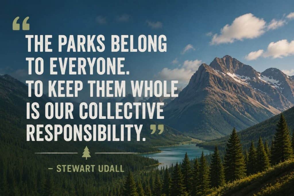 A scenic mountain landscape with a forest and a river, overlaid with the quote about the collective responsibility to protect parks.

Transcribed Text:

"THE PARKS BELONG TO EVERYONE. TO KEEP THEM WHOLE IS OUR COLLECTIVE RESPONSIBILITY."
– STEWART UDALL
