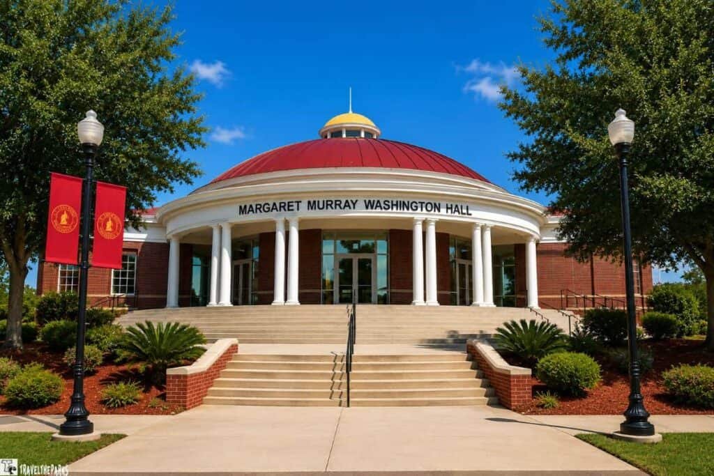 Margaret Murray Washington Hall at Tuskegee Institute, featuring a red domed roof, white columns, and a staircase leading to the main entrance, with green landscaping around.