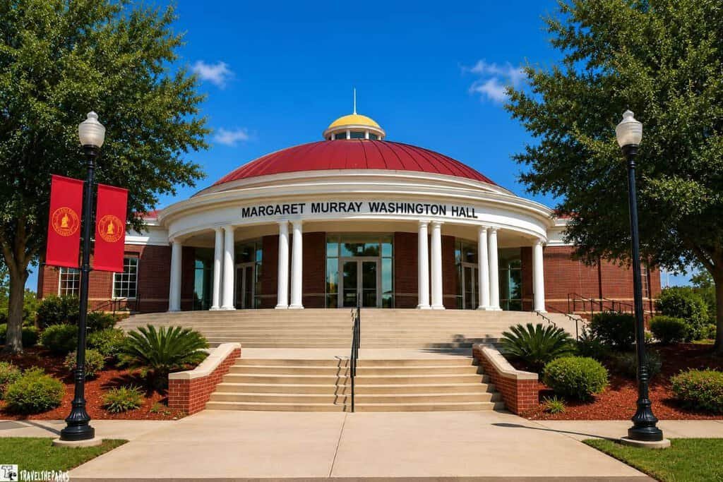Margaret Murray Washington Hall at Tuskegee Institute, featuring a red domed roof, white columns, and a staircase leading to the main entrance, with green landscaping around.