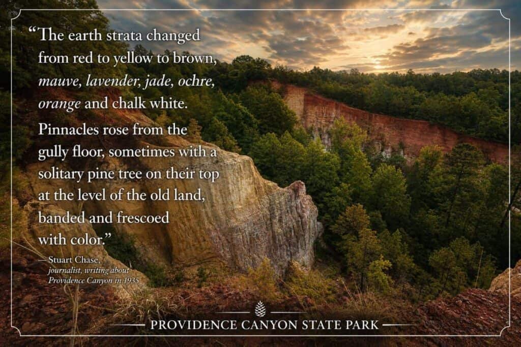Text on a canyon backdrop background with a quote about earth strata and pinnacles.
Transcribed Text:
“The earth strata changed from red to yellow to brown, mauve, lavender, jade, ochre, orange and chalk white. Pinnacles rose from the gully floor, sometimes with a solitary pine tree on their top at the level of the old land, banded and frescoed with color.” — Stuart Chase, journalist, writing about Providence Canyon in 1935