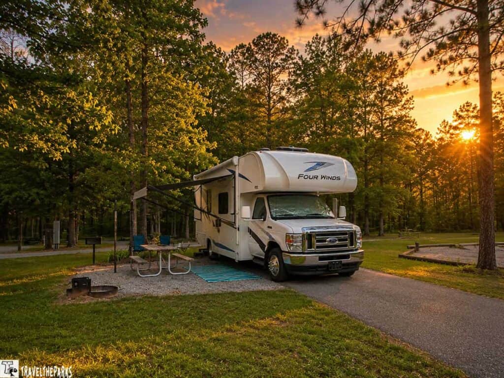 A white RV labeled "Four Winds" is parked in a green campsite at Florence Marine State Park, surrounded by trees, with camping chairs and a table nearby, illuminated by the warm glow of sunset.
