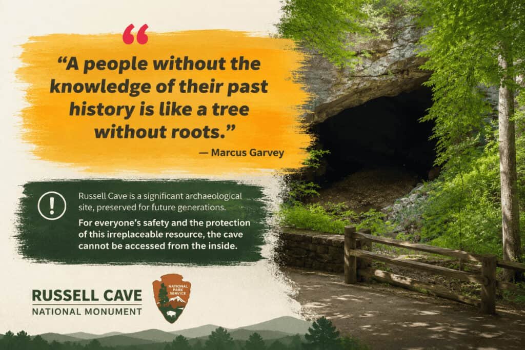 Quote about history and roots on a background of the cave site.
Transcribed Text:
“A people without the knowledge of their past history is like a tree without roots.” — Marcus Garvey