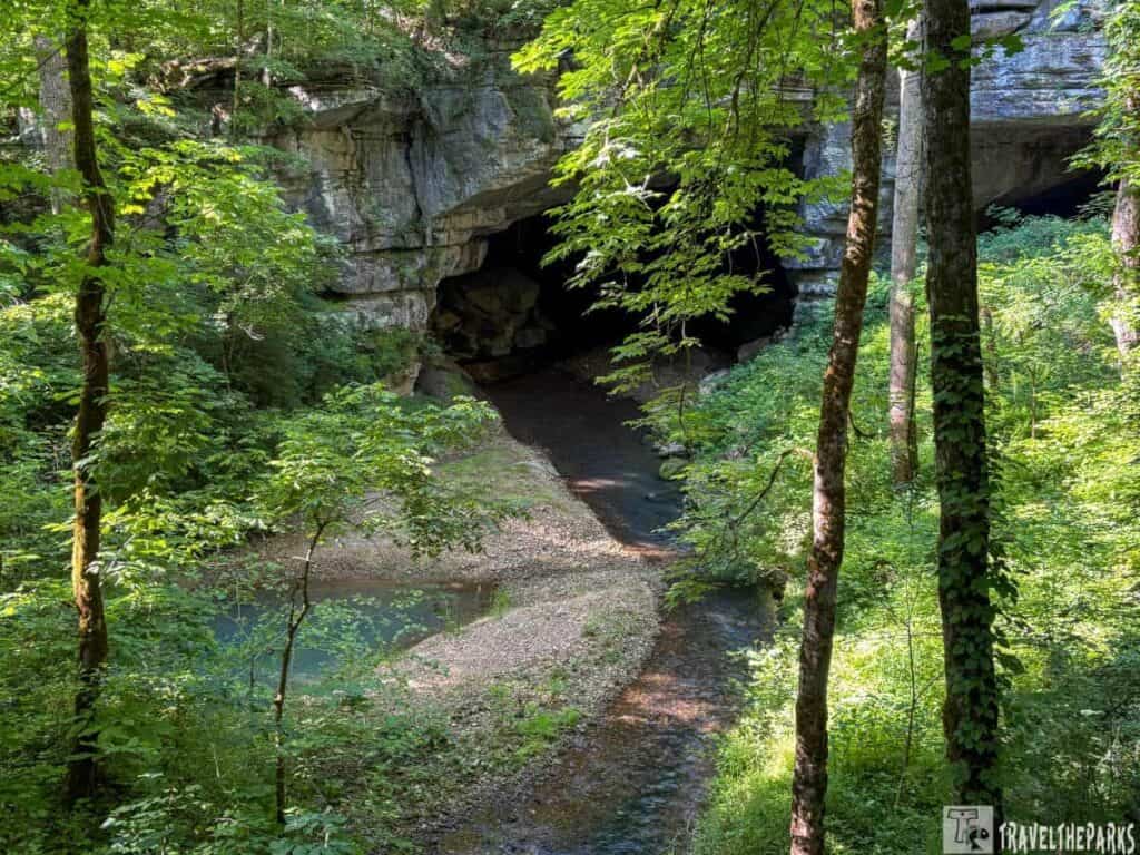 A cave entrance surrounded by lush green trees and a winding stream in the foreground, depicting Russell Cave National Monument.