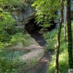 A cave entrance surrounded by lush green trees and a winding stream in the foreground, depicting Russell Cave National Monument.