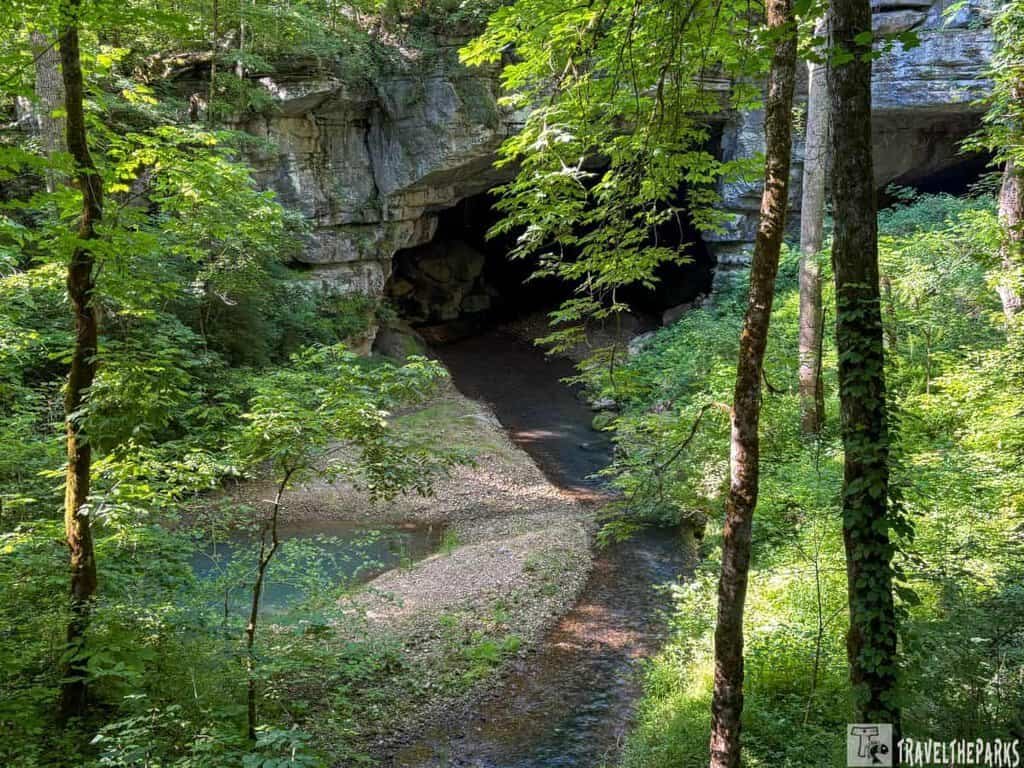A cave entrance surrounded by lush green trees and a winding stream in the foreground, depicting Russell Cave National Monument.